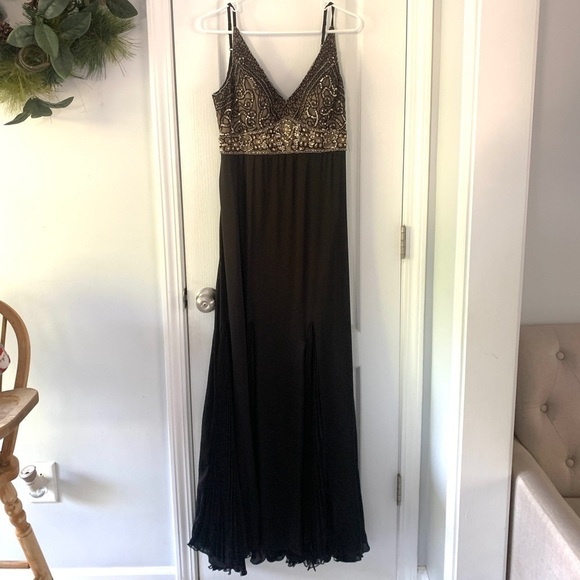 Sue Wong Beaded‎ Halter Maxi Gown Dress  straps black tan cream nocturne pleaded - Picture 1 of 16